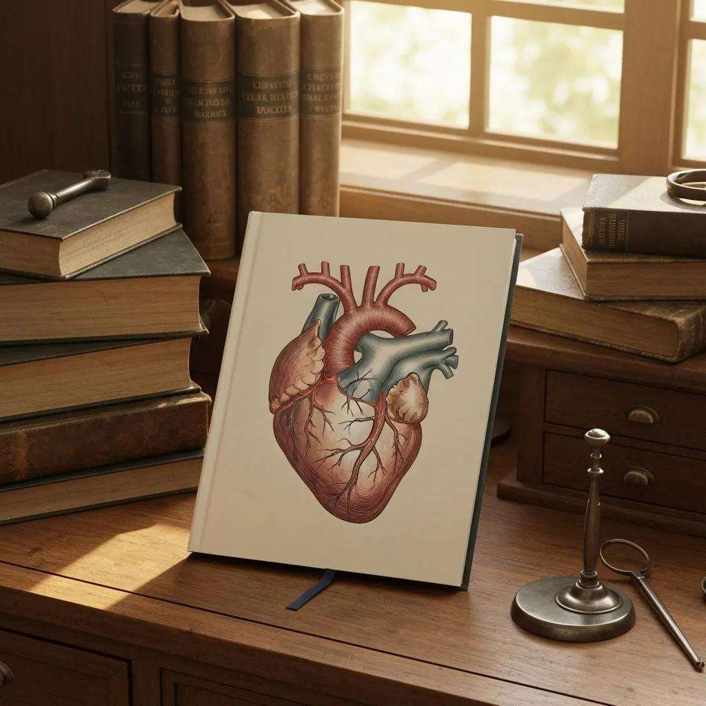 Illustration of a human heart on a book cover, surrounded by vintage books and a desk with a pen and a decorative item, symbolizing knowledge in medical science and information security management.