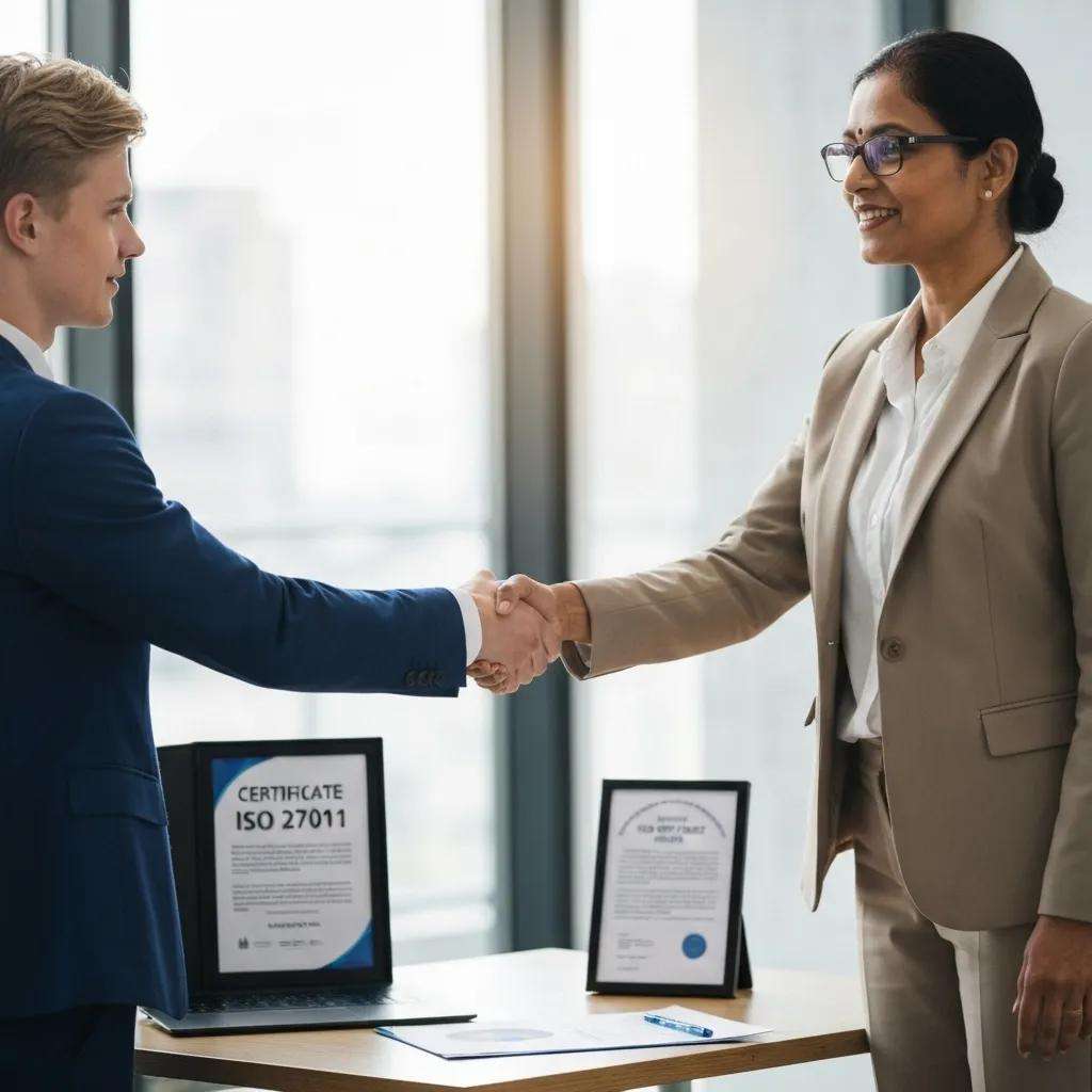 Business handshake symbolizing trust and ISO 27001 certification benefits