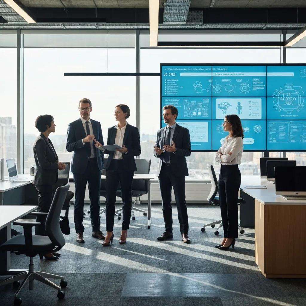Team of IT directors discussing ISO 27001 risk management strategies in a modern office