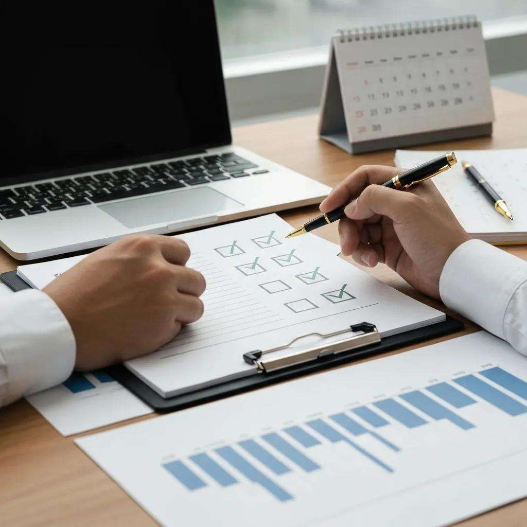 Mitarbeiter führt interne ISO 27001 Audit-Checkliste mit Häkchen und Laptop auf dem Tisch, um Effizienz und Compliance zu gewährleisten.