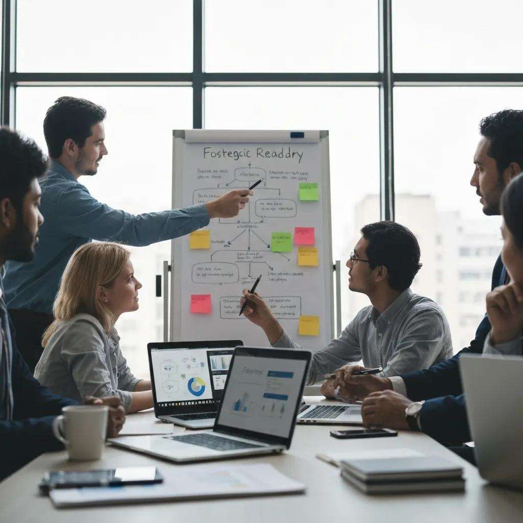 Gruppendiskussion über Forensic Readiness mit Flipchart, Diagrammen und digitalen Geräten, um Strategien zur digitalen Beweissicherung und Compliance zu erörtern.