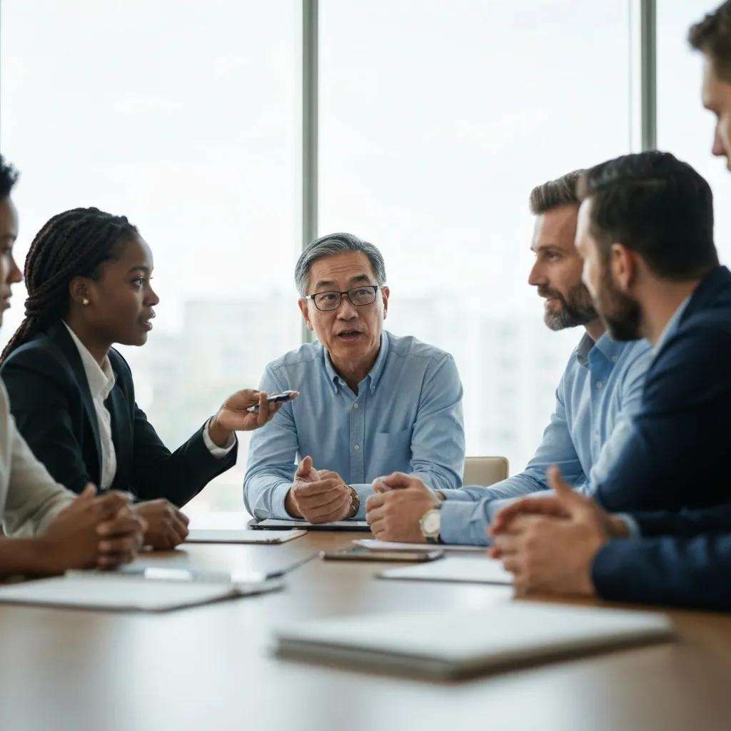 Gruppendiskussion mit mehreren Personen, die an einem Tisch sitzen, während ein älterer Mann in einem blauen Hemd spricht; Kontext zu Stakeholder-Interviews und Prozessanalysen für effektives Engagement und Identifizierung von Lücken in Arbeitsabläufen.
