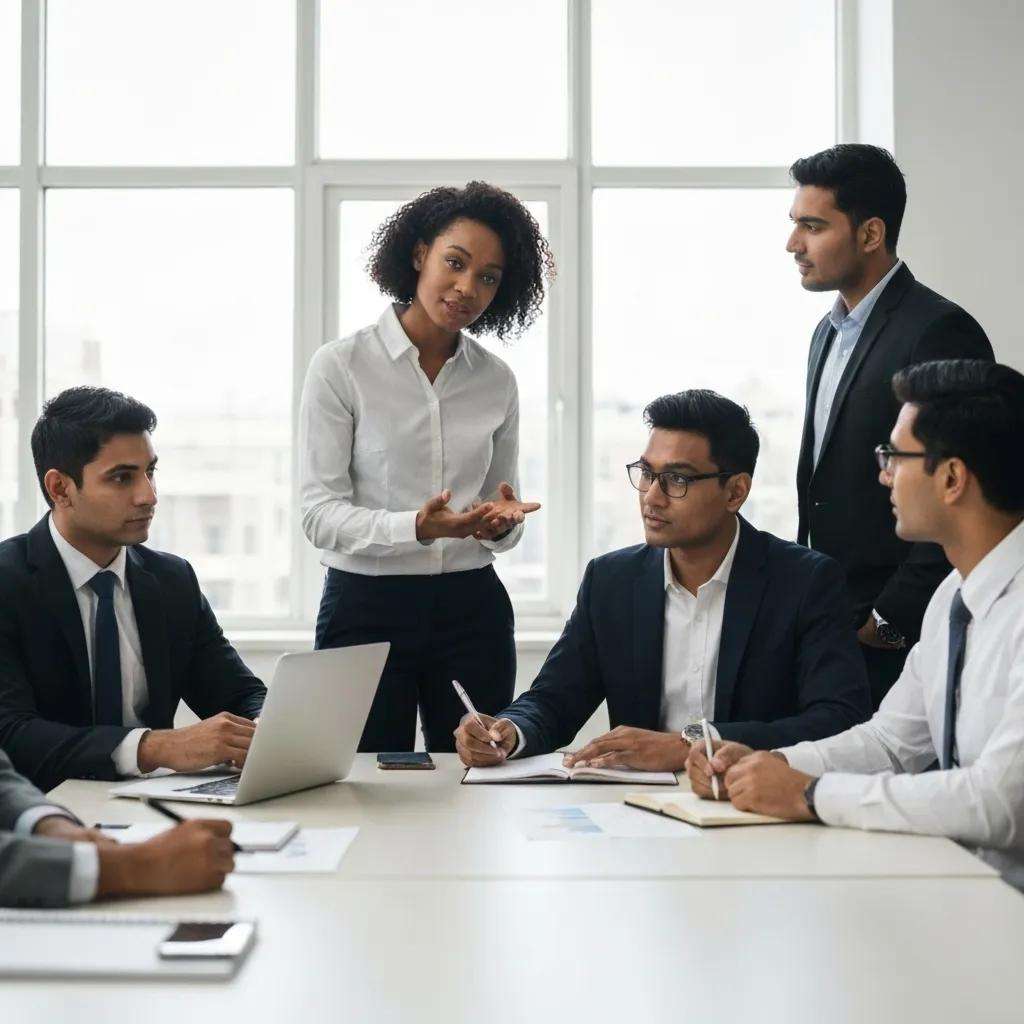 Teammeeting zur ISO 27001-Zertifizierung mit fünf Personen, darunter eine Frau, die spricht, um Sicherheitsrichtlinien und interne Audits zu diskutieren.