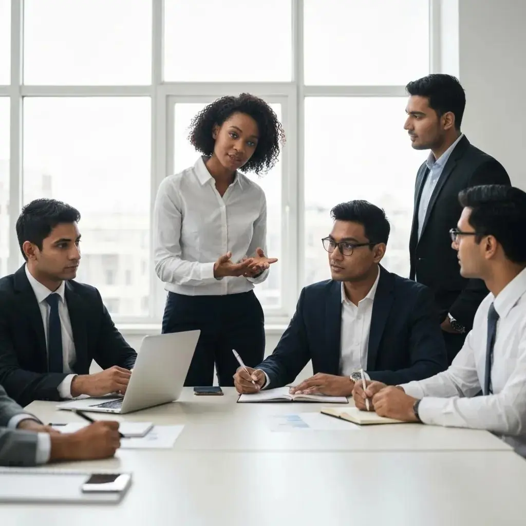 Teammeeting zur ISO 27001-Zertifizierung mit fünf Personen, darunter eine Frau, die spricht, um Sicherheitsrichtlinien und interne Audits zu diskutieren.