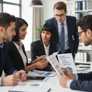 Fünf Personen in formeller Kleidung diskutieren am Tisch über ISO 27001 Zertifizierung, mit Dokumenten und Grafiken zur Informationssicherheit und Compliance.