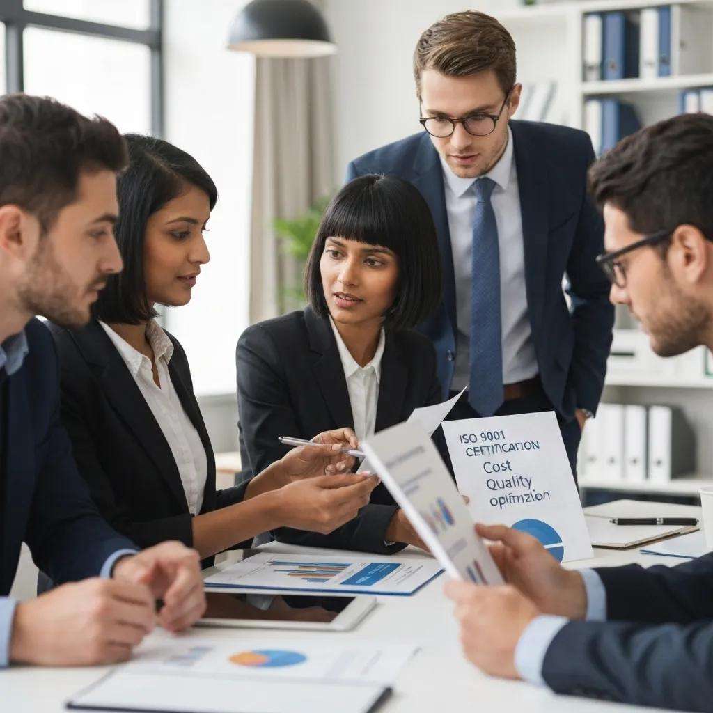 Business professionals collaborating on ISO 9001 certification in a modern office