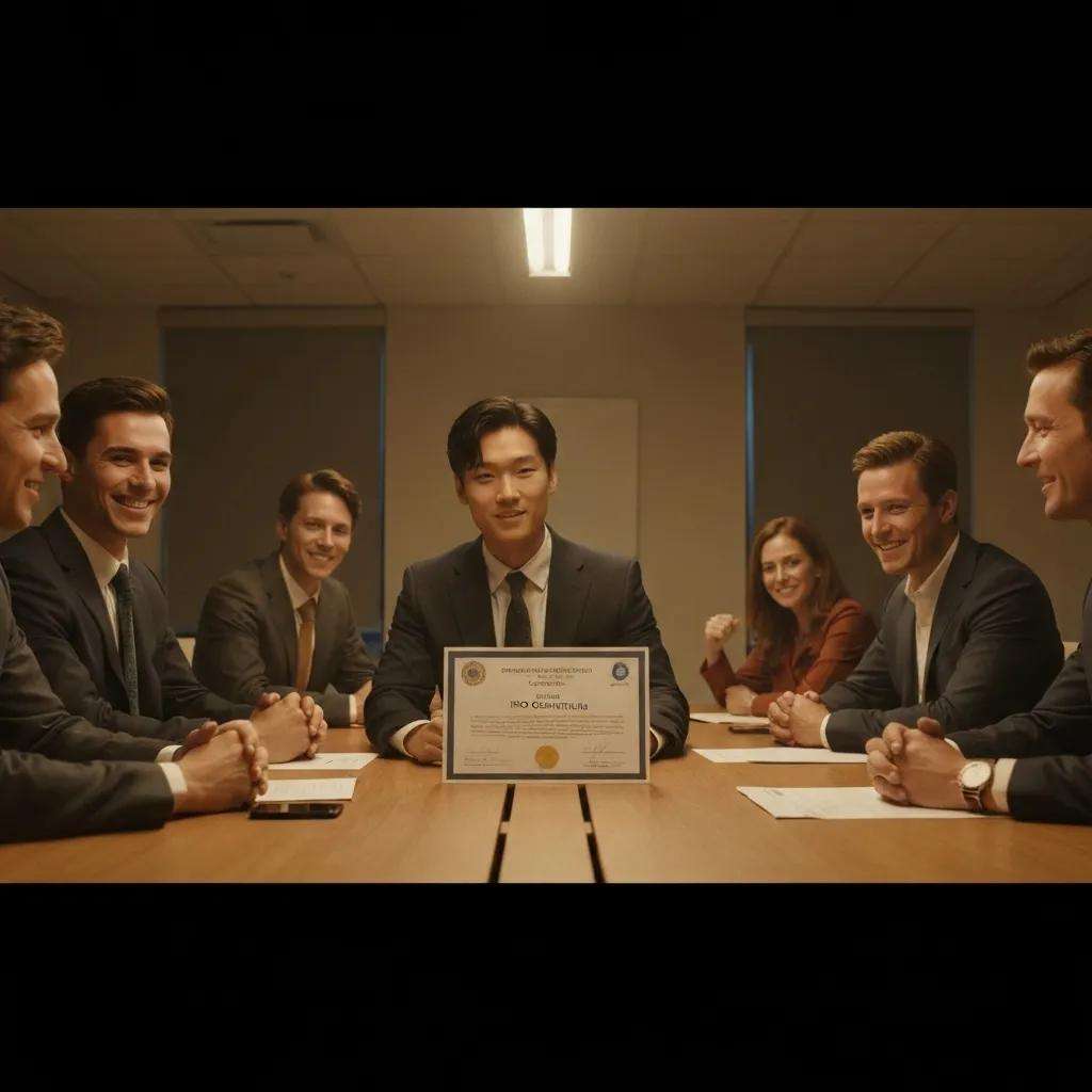 Gruppe von sechs Personen in Anzügen um einen Tisch, lächelnd, während einer von ihnen ein Zertifikat in der Hand hält, symbolisiert den Erfolg und die Vorteile der ISO 9001 Zertifizierung.