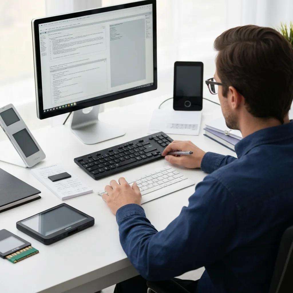 Digital forensics expert analyzing data with technology and evidence materials