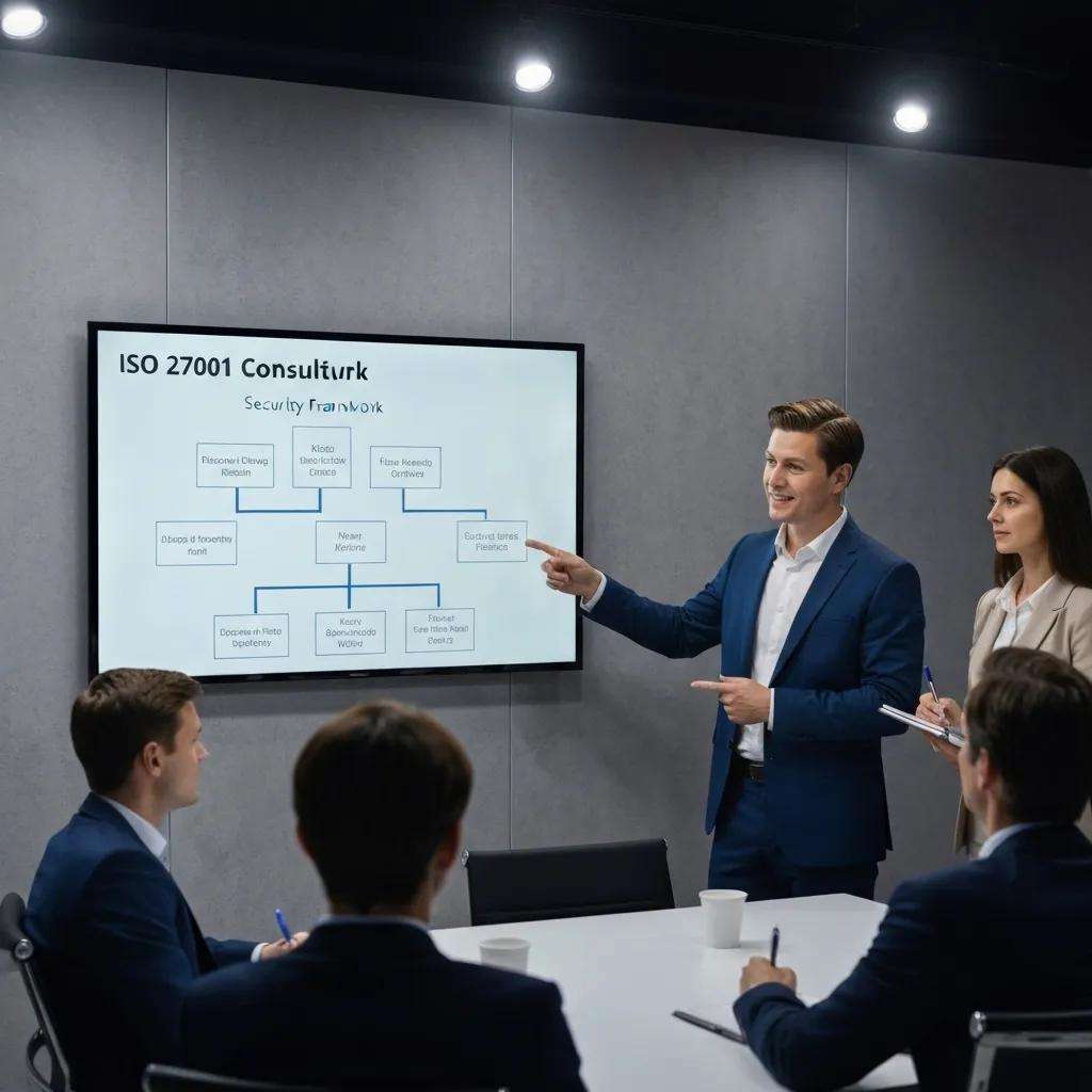 Mann präsentiert ISO 27001 Beratungsdiagramm in Besprechung, um Sicherheitsframework und Implementierungsstrategien zu erläutern.