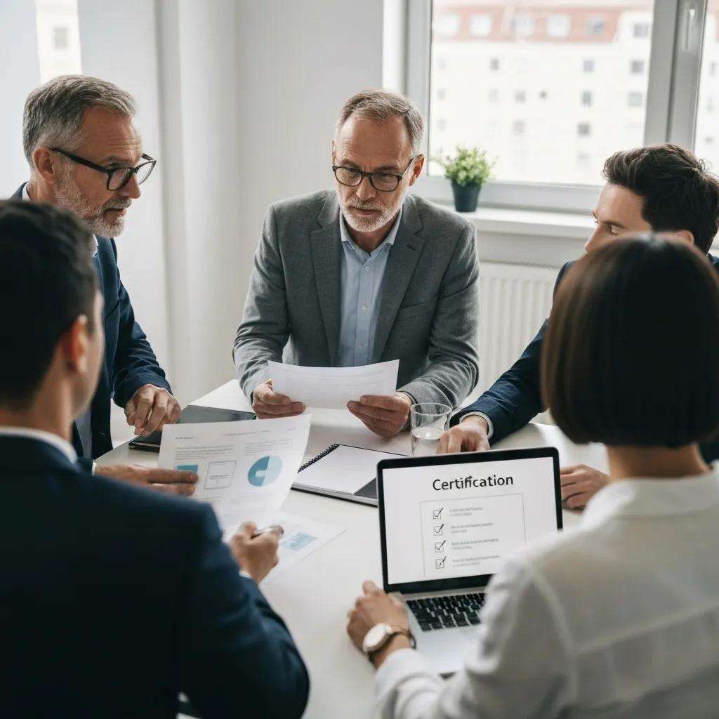 Fünf Personen in einem Besprechungsraum, die Dokumente und einen Laptop mit der Aufschrift "Zertifizierung" überprüfen, während sie über ISO 27001 Compliance diskutieren.