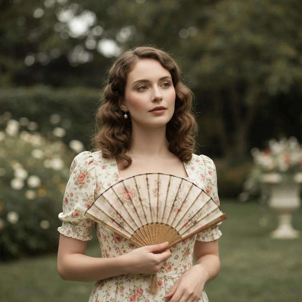Frau mit Fächer in einem blumigen Kleid, umgeben von grüner Gartenlandschaft, symbolisiert Eleganz und Tradition im Kontext von ISO 27001 und Risikomanagement.