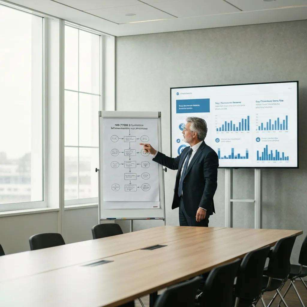 Mann im Anzug präsentiert Diagramm zur ISO 27001-Zertifizierung in einem modernen Besprechungsraum mit Grafiken zur Informationssicherheit im Hintergrund.