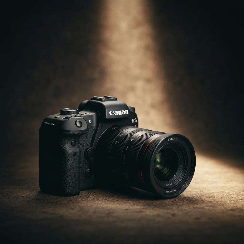 Canon DSLR-Kamera mit Objektiv, beleuchtet auf neutralem Hintergrund, symbolisiert professionelle Fotografie und technische Präzision im Kontext von ISO 27001 Risikomanagement.