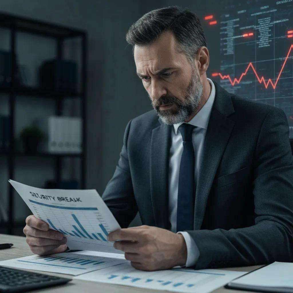 Mann in Anzug mit ernstem Gesichtsausdruck, der ein Dokument mit der Aufschrift "SECURITY BREAK" betrachtet, umgeben von Diagrammen und Datenanalysen, symbolisiert die Risiken unzureichender Audit-Zertifizierung und Datenlecks.
