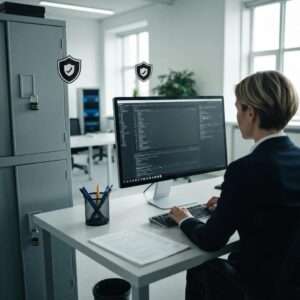 Frau am Schreibtisch vor Computer mit Sicherheitssoftware, symbolisiert Informationssicherheit und ISO 27001 Compliance in einem modernen Büro.