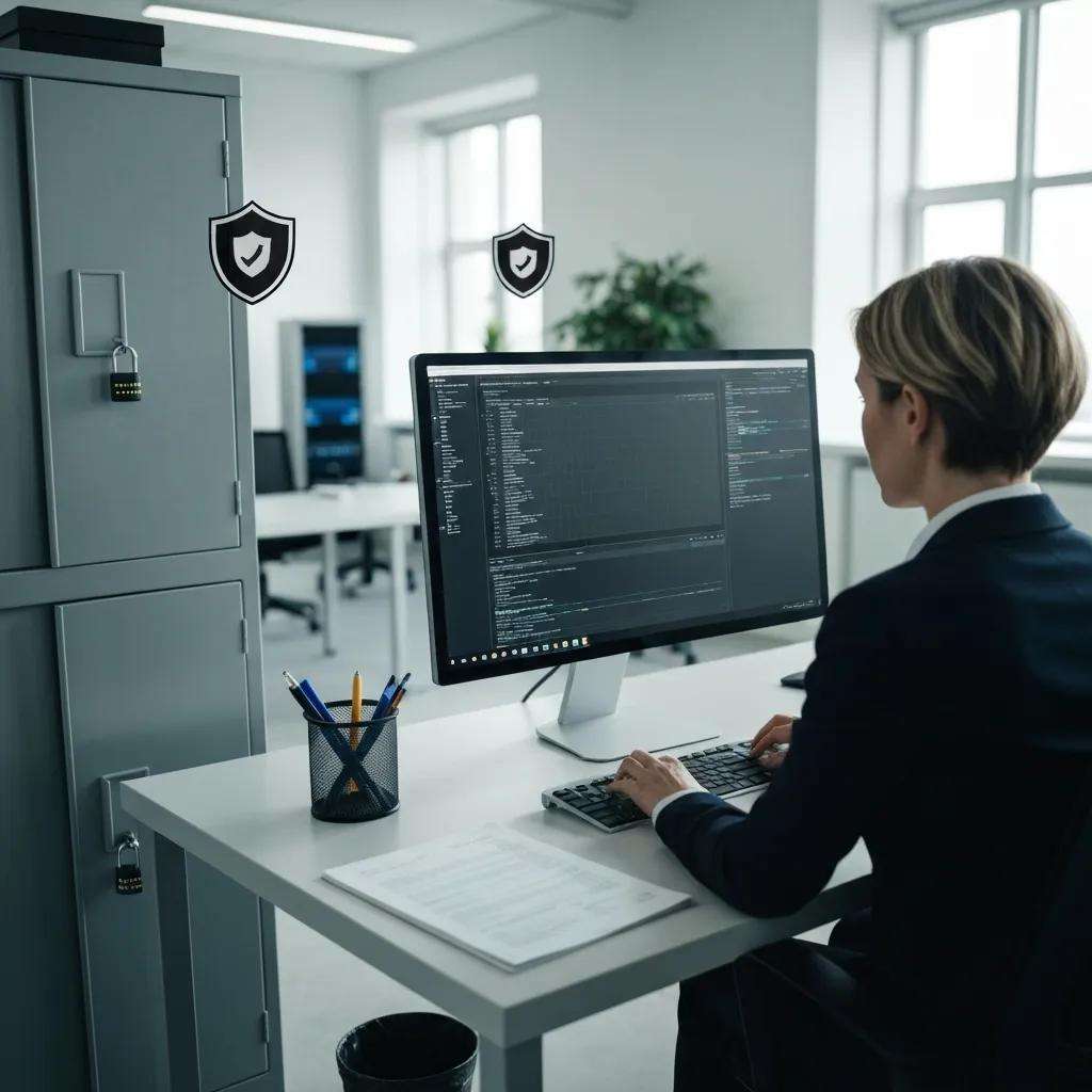Frau am Computer in modernem Büro, arbeitet an Informationssicherheit, neben einem abschließbaren Schrank mit Sicherheitsmerkmalen.