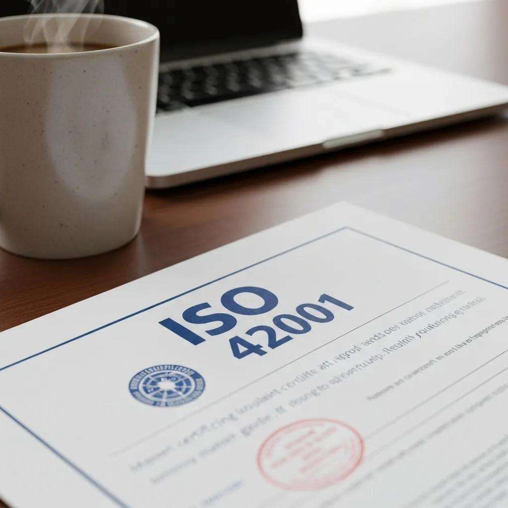 Ein ISO 42001-Zertifikatsdokument, das Qualität und Compliance im Audit-Management symbolisiert