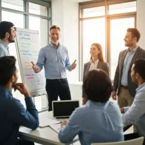 Teammeeting zur Verbesserung der IT-Sicherheit und Compliance, Präsentation von Strategien für ISO 27001 und NIS 2, Fachleute im Austausch über digitale Transformation.