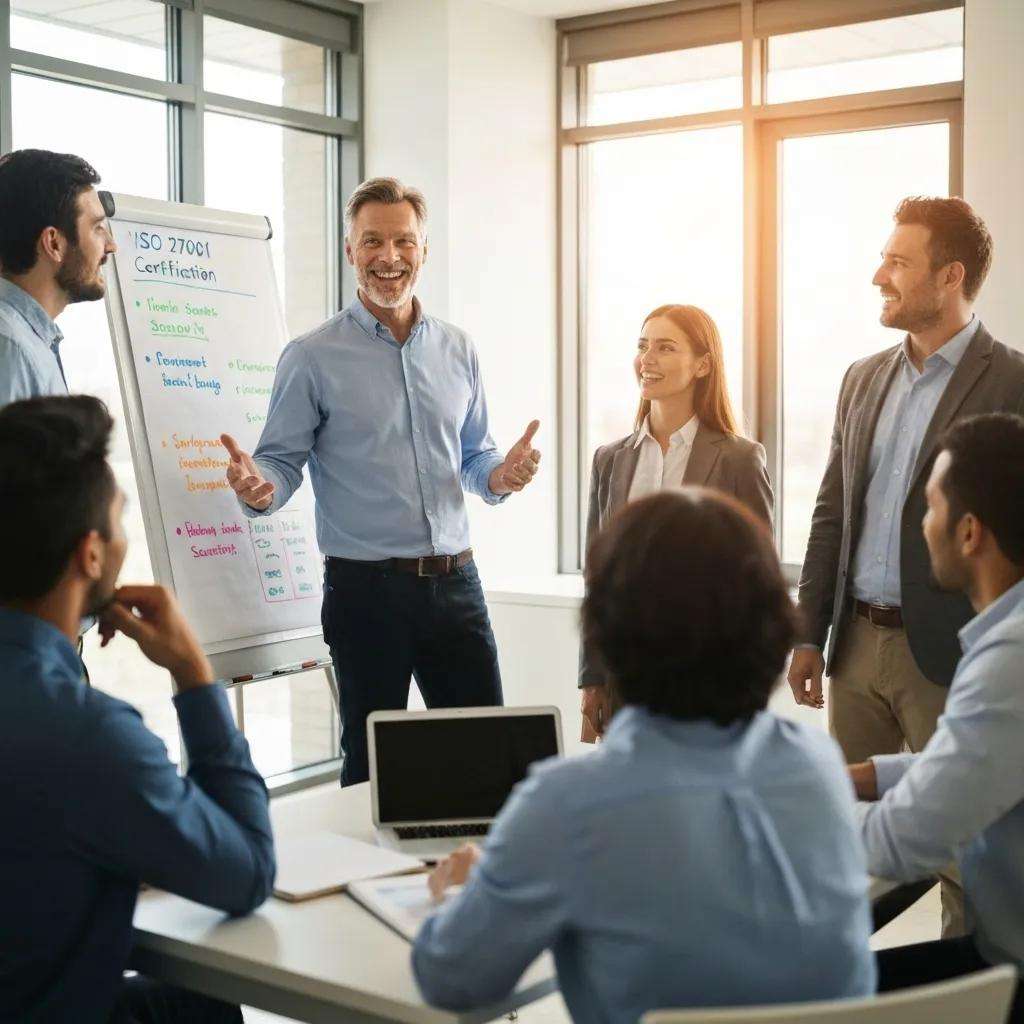Business leader presenting the benefits of ISO 27001 certification to an engaged team