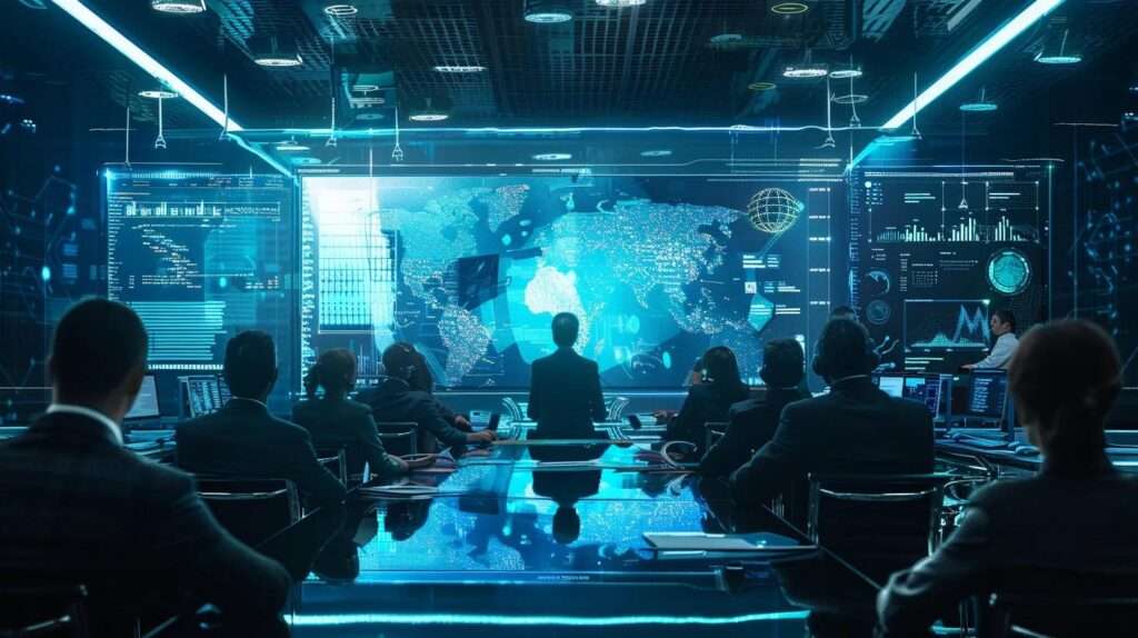Konferenzraum mit Fachleuten, die an digitalen Bildschirmen arbeiten, Datenanalyse und Sicherheitsrichtlinien im Kontext von ISMS und ISO 27001.
