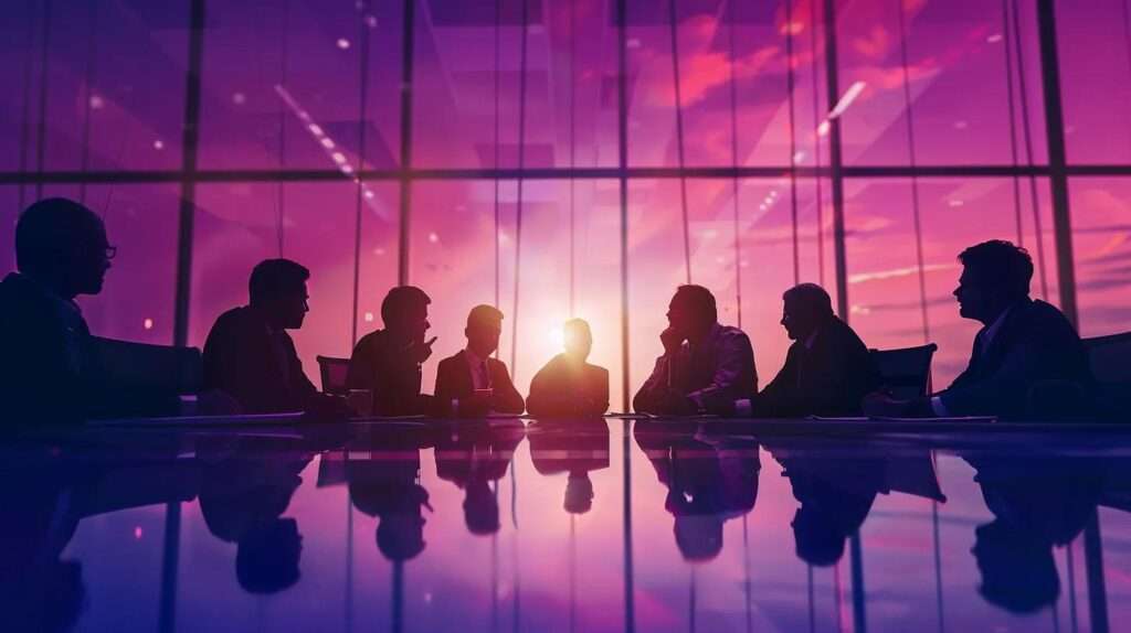 Silhouetten von Geschäftsleuten in einer Besprechung, reflektierend in einem Konferenzraum mit Fensteransicht auf einen Sonnenuntergang, symbolisierend strategische Diskussionen zur ISO 27001-Zertifizierung.