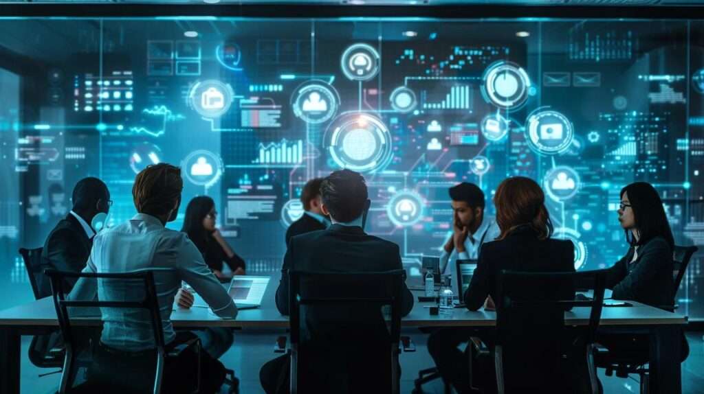 Business meeting with diverse professionals discussing cybersecurity strategies, digital data visualization, and compliance with GDPR and NIS 2.0 regulations.