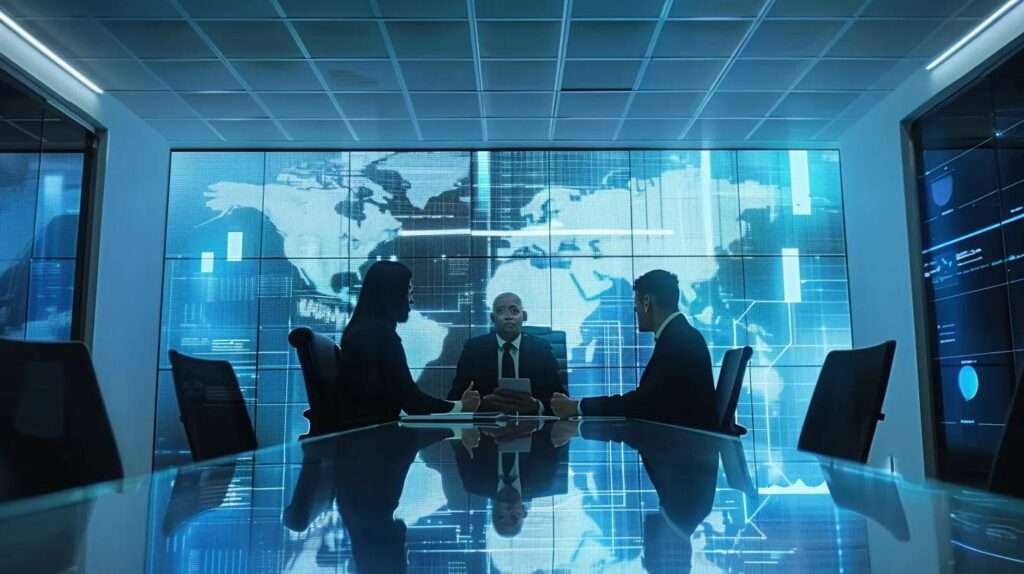 Drei Fachleute in Anzügen diskutieren in einem modernen Konferenzraum mit digitaler Weltkarte im Hintergrund, symbolisiert IT-Sicherheitsrichtlinien und Compliance nach ISO 27001.