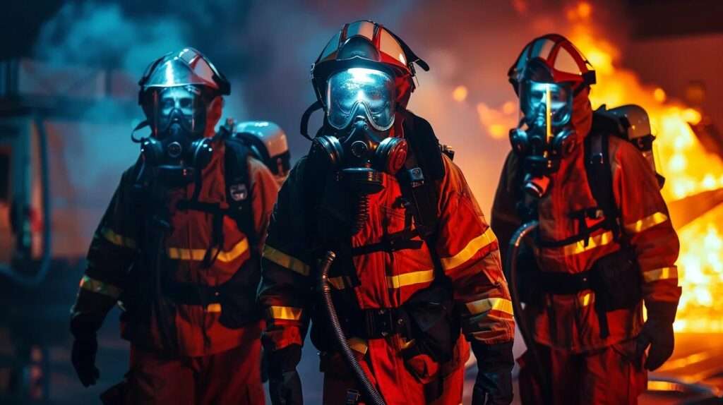 Feuerwehrleute in Schutzanzügen und Atemschutzmasken, umgeben von Rauch und Feuer, symbolisieren Notfallreaktion und Sicherheitsmaßnahmen in der Informationssicherheit.