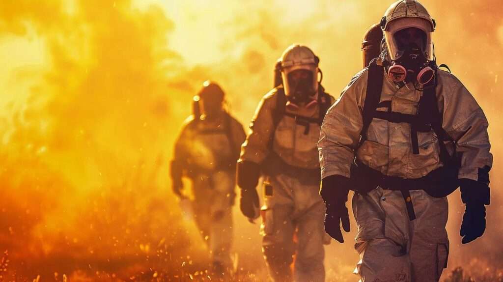 Einsatzkräfte in Schutzanzügen bei einem Vorfall, umgeben von Rauch und Feuer, symbolisieren Incident Response und Notfallmanagement.