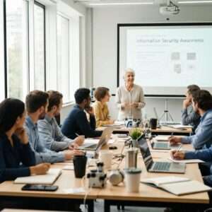 Frau präsentiert Informationen zur Informationssicherheit vor einer Gruppe von Fachleuten in einem Konferenzraum, unterstützt durch eine Präsentation im Hintergrund, im Kontext von ISO 27001 und Compliance-Schulungen.