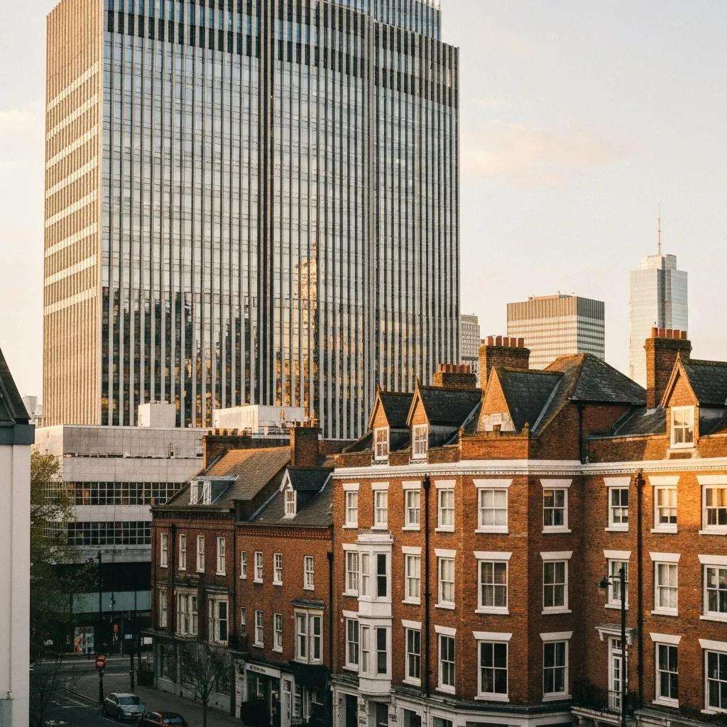 Städtische Skyline mit modernen Bürogebäuden und historischen Backsteinhäusern, symbolisiert den Kontrast zwischen traditioneller Architektur und zeitgenössischem Design, relevant für ISO 27001 Auditpraktiken.