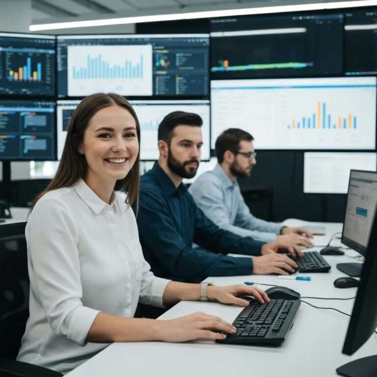Frau lächelnd am Schreibtisch vor mehreren Bildschirmen mit Datenanalysen und Grafiken, Team von Fachleuten bei der Arbeit an Compliance-Plattformen und Management-Systemen.