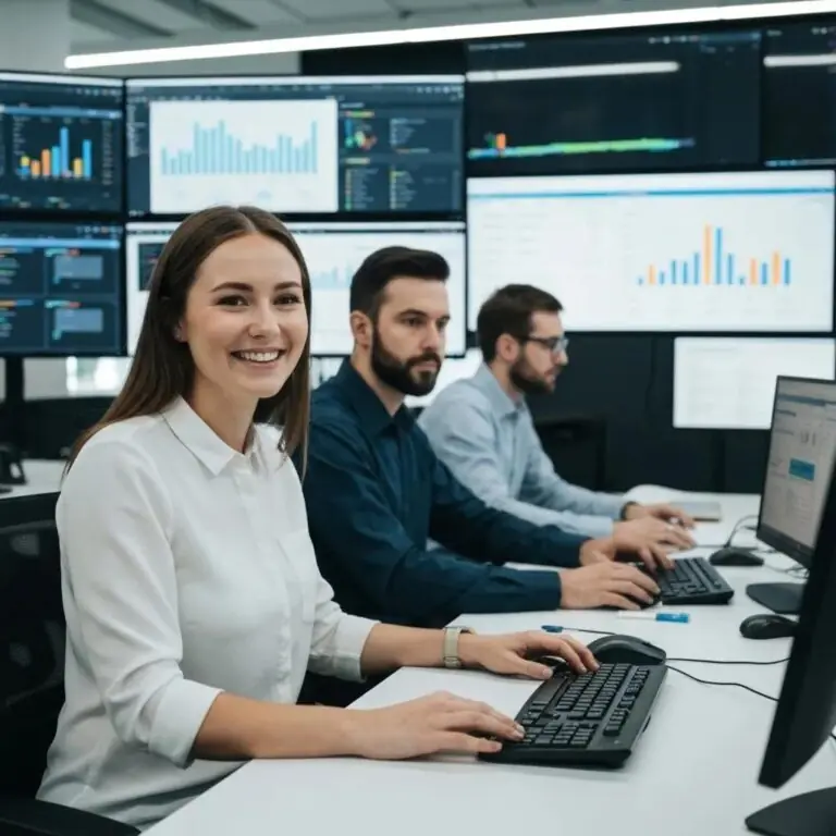 Frau lächelnd am Schreibtisch vor mehreren Bildschirmen mit Datenanalysen und Grafiken, Team von Fachleuten bei der Arbeit an Compliance-Plattformen und Management-Systemen.