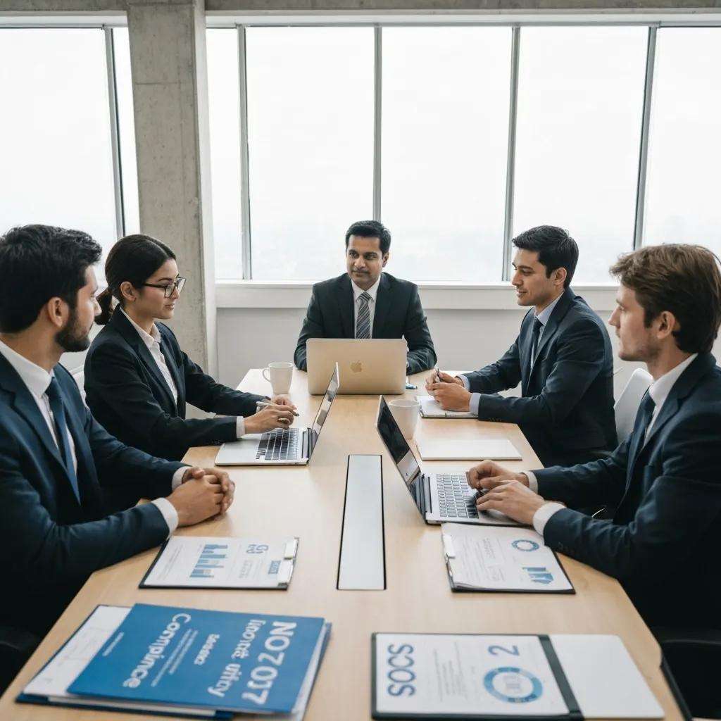 Business professionals discussing ISO 27001 and SOC 2 compliance in a modern office setting