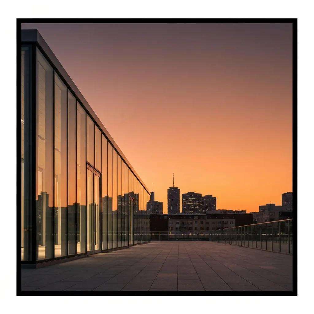 Moderne Architektur mit Glasfassade und Stadtansicht bei Sonnenuntergang, symbolisiert kontinuierliche Verbesserung und strategische Planung im Rahmen von ISO 27001 Audits.