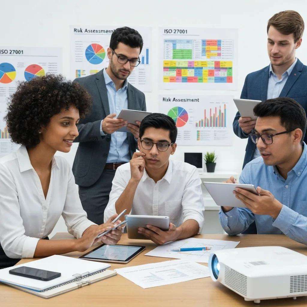 Gruppe von Fachleuten bei einem ISO 27001 Audit, die gemeinsam an einem Tisch arbeiten, Tablets und Laptops nutzen, um Risikobewertungen und Informationen zu besprechen, mit Diagrammen und Grafiken an der Wand im Hintergrund.