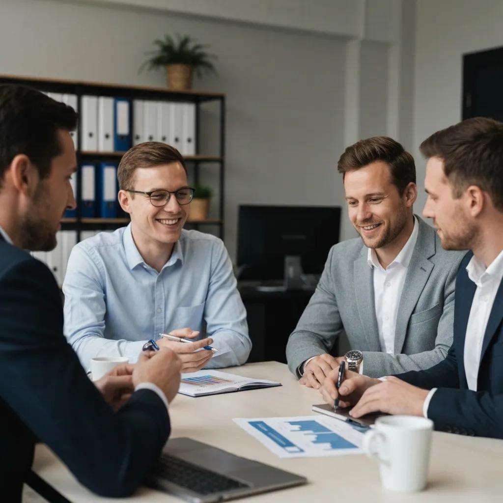 Vier Geschäftsleute in einem modernen Büro, die an einem Tisch sitzen, lächelnd diskutieren und Dokumente zur ISO 27001-Zertifizierung überprüfen.