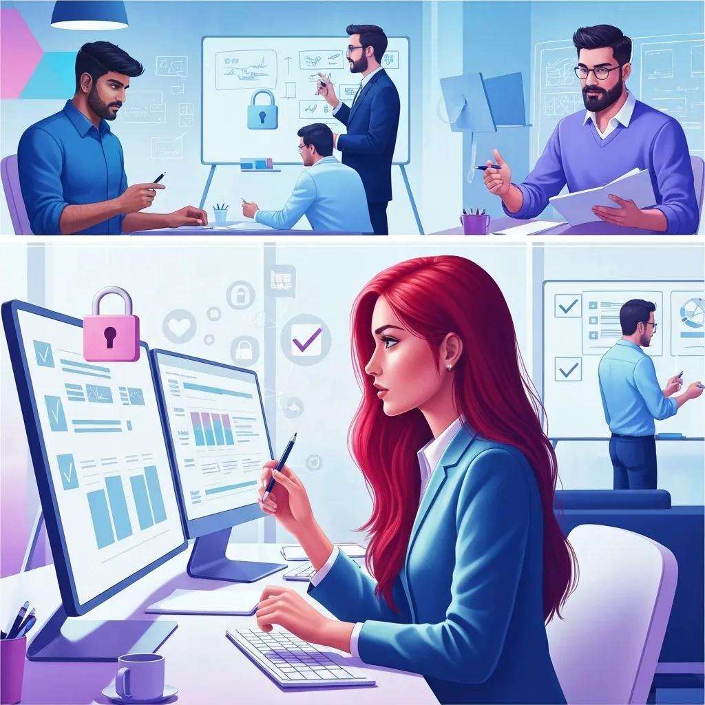 Cloud service provider team working on SOC 2 compliance with data analysis and security visuals