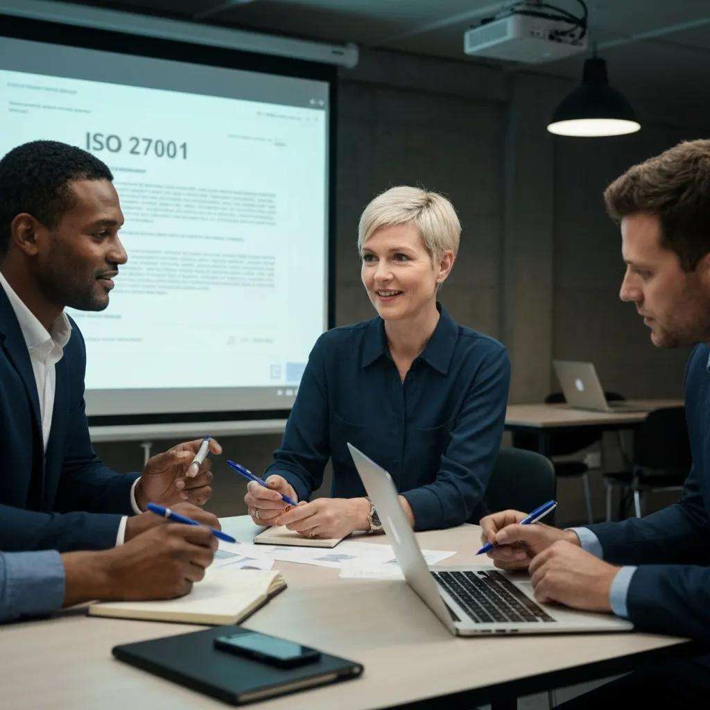 Team of IT directors and business leaders collaborating on ISO 27001 documentation in a modern office
