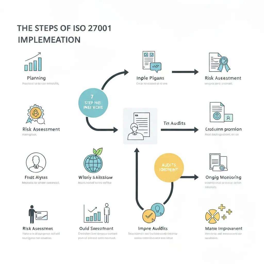 Grafik zu den sieben Schritten der ISO 27001 Implementierung, einschließlich Planung, Risikobewertung, Audits und kontinuierlicher Verbesserung, visuelle Darstellung der Schritte in einem Informationssicherheitsmanagementsystem (ISMS).