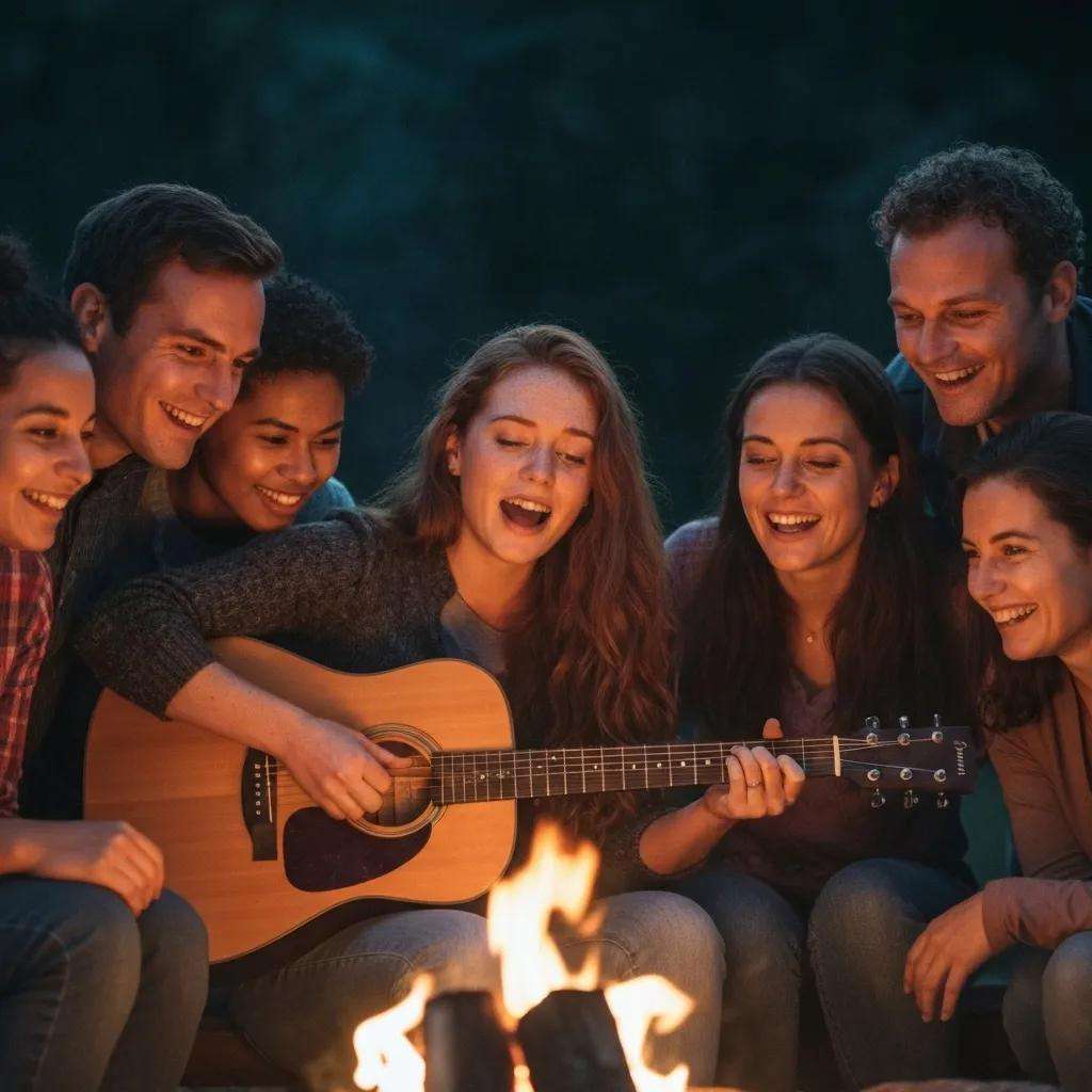 Gruppe von Menschen, die am Lagerfeuer sitzen, während eine Frau Gitarre spielt und alle gemeinsam singen, in einer entspannten, geselligen Atmosphäre.