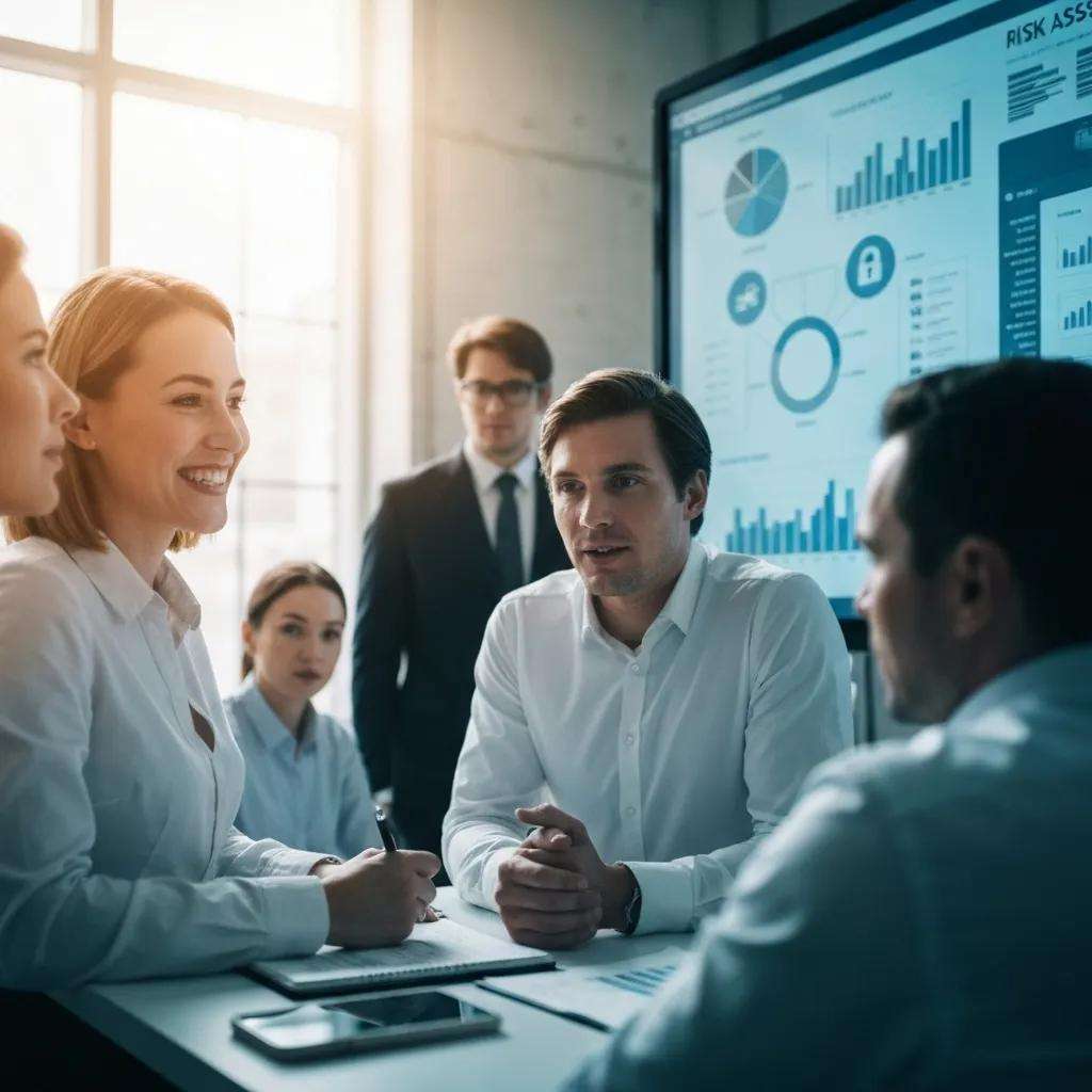 Teammeeting zur Risikobewertung mit Präsentation von Diagrammen und Statistiken zur Informationssicherheit und ISO 27001.