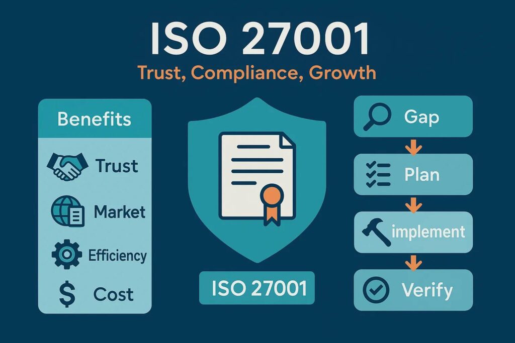 ISO 27001 infographic highlighting benefits of trust, market efficiency, and cost reduction, with a flowchart for gap analysis, planning, implementation, and verification.