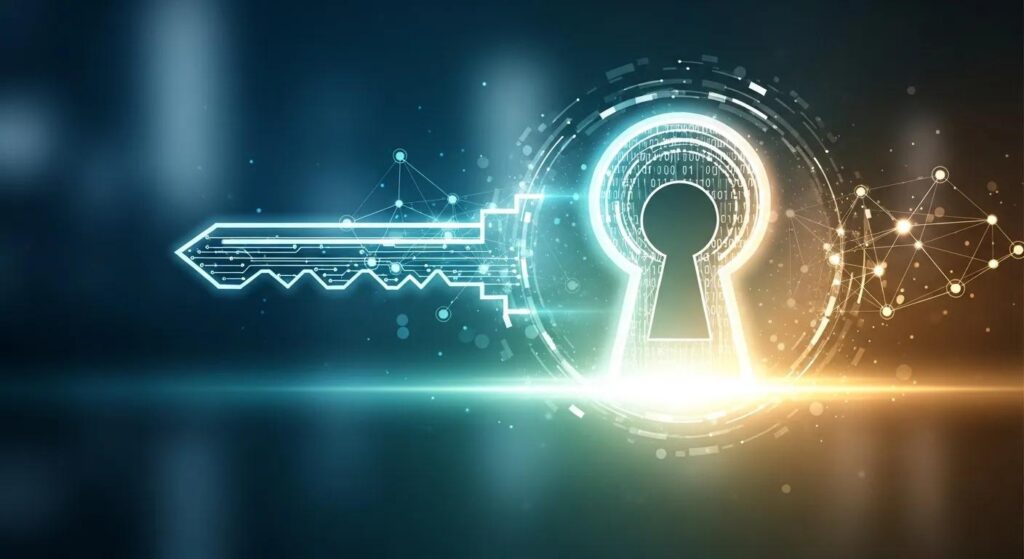 Schlüssel und Schlüsselloch mit digitalen Elementen, symbolisiert Informationssicherheit und den Zugang zu ISO 27001 Zertifizierungsvorteilen.