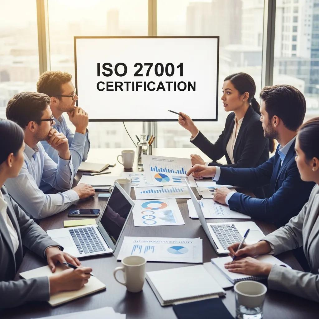 Team bei der Vorbereitung auf ein ISO 27001‑Zertifizierungsaudit in modernem Büro