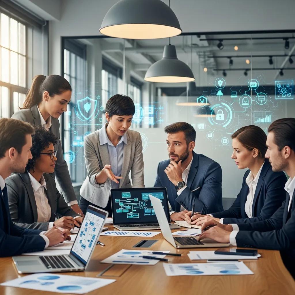 Geschäftsprofis, die in einem modernen Büro an IT-Sicherheits-Compliance-Strategien arbeiten, mit digitalen Sicherheitsgrafiken und Diagrammen auf einem Laptop.