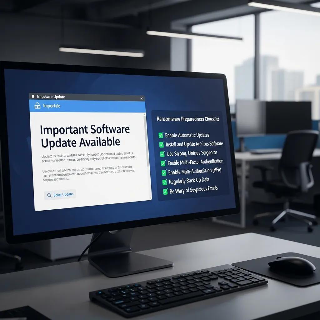Nahaufnahme eines Bildschirms mit Update-Hinweis und einer Cybersicherheits-Checkliste