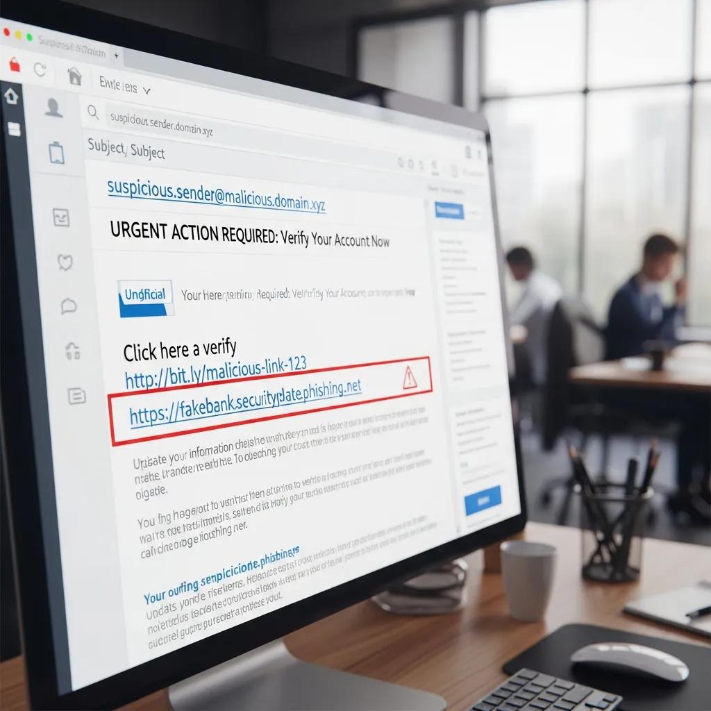 Close-up of a suspicious email on a computer screen, highlighting phishing characteristics such as a malicious sender address, urgent action request, and dangerous links.