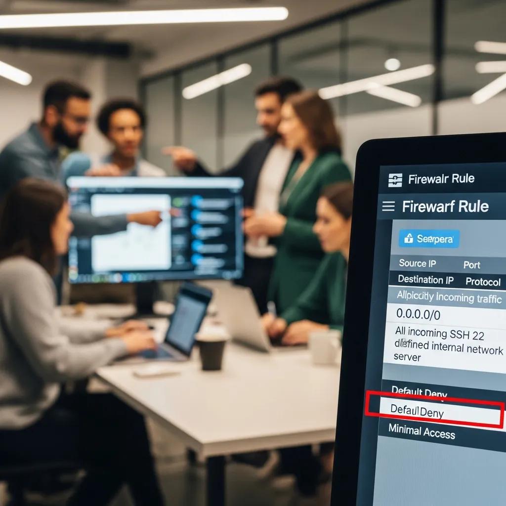Nahaufnahme von Firewall‑Regeln mit Cybersecurity‑Team im Hintergrund