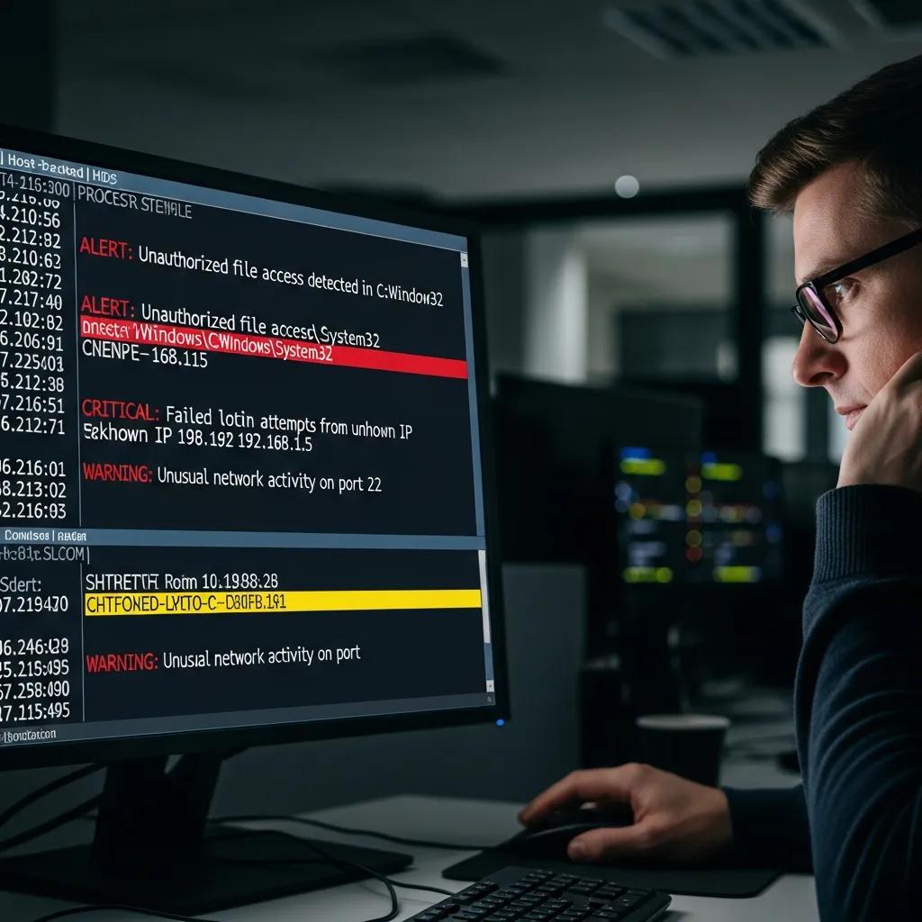 Computerbildschirm mit Systemprotokollen und Warnmeldungen für hostbasierte Intrusion Detection Systeme, die verdächtige Aktivitäten wie unbefugten Datei zugriff und ungewöhnlichen Netzwerkverkehr hervorheben.
